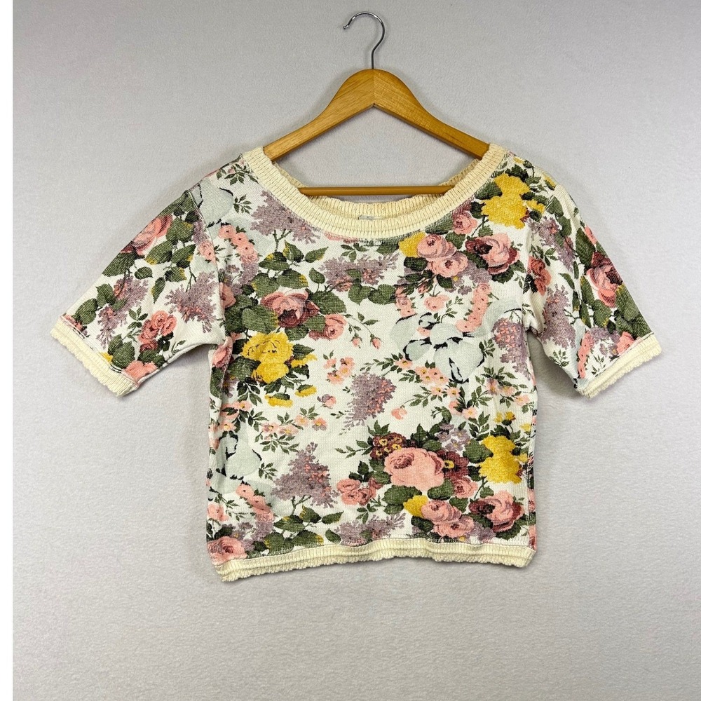 Vintage Cottagecore Mixed Blues Womens Medium Cream Floral Short Sleeve Sweater